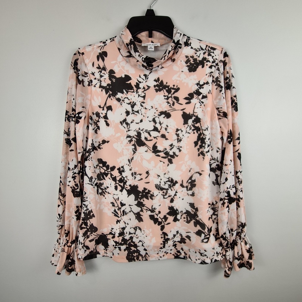 Calvin Klein Women's Blouse Pink Size‎ PM Bell Sleeve Ruffle Floral Sheer Lined